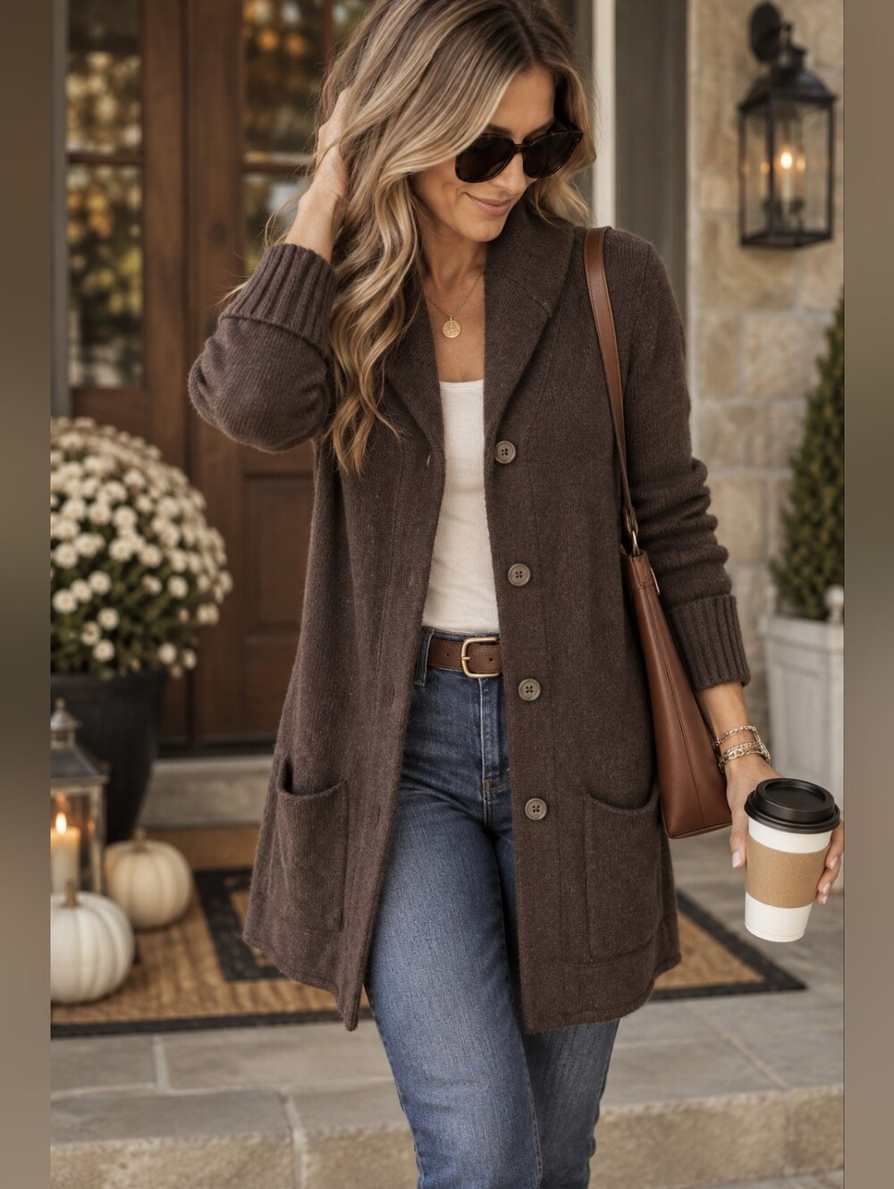 Eddie Bauer Lambswool Blend Shawl Collar Cardigan Sweater Coat Brown M